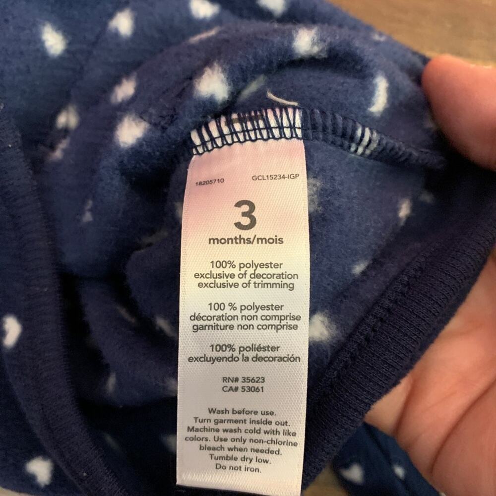 CARTER’S Girl’s Navy with White Hearts Fleece Hooded Zip Up Jacket / Size: 3 Mos - Picture 5 of 10